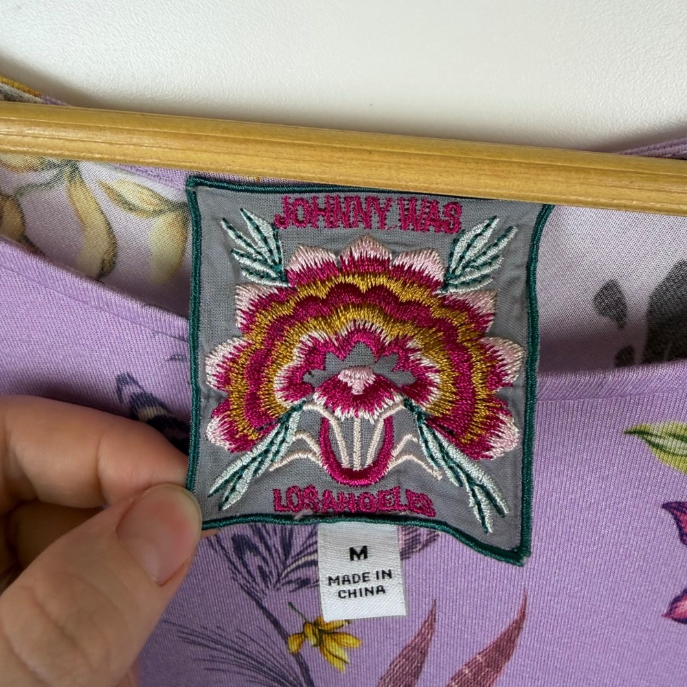 Johnny Was Janie Favorite Side Tie Knit Dress Medium Purple Floral Bird Stretch - Picture 7 of 13